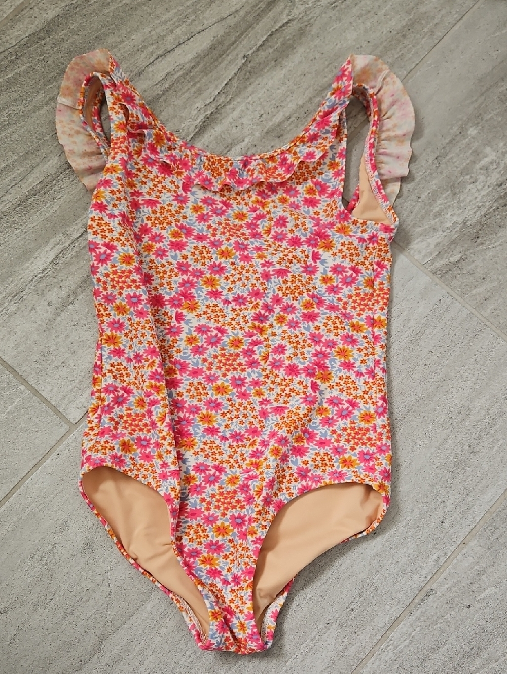 Crewcuts Floral Ruffle One-Piece Swimsuit - Pink & Orange